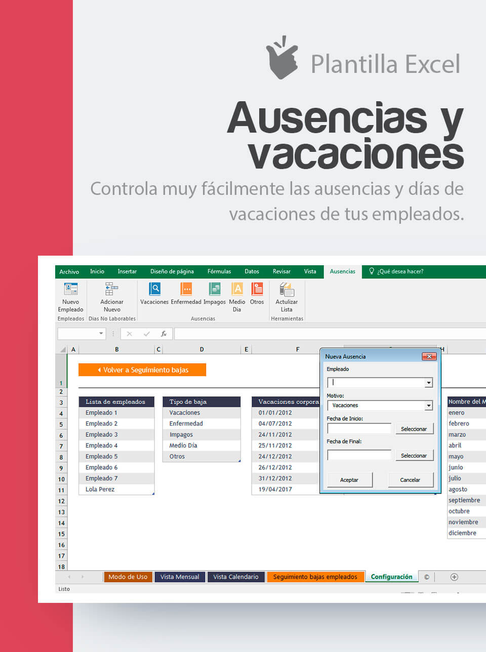 Plantilla Control de Ausencias y Vacaciones Cuadrante de vacaciones